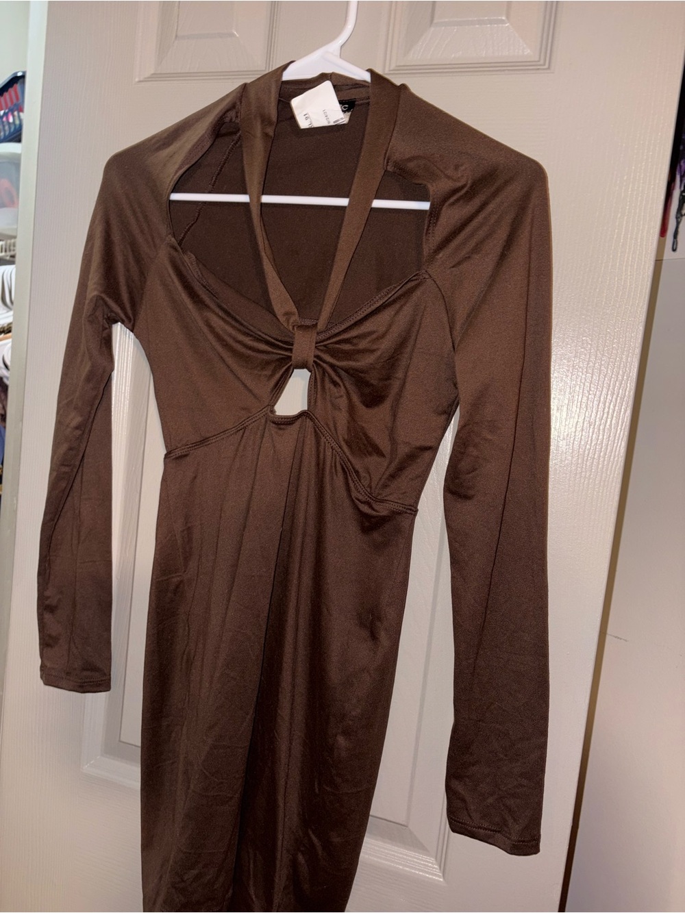 Brown Long Sleeve Cutout Midi Dress